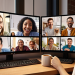 **

A cozy virtual coffee break scene. Several colleagues are displayed in individual video call windows, smiling and engaged in casual conversation. One person is holding up a funny mug, another is showing off a pet. Backgrounds are diverse, suggesting different home environments. The overall feeling is relaxed, friendly, and informal. Focus on warm lighting and inviting expressions.

**