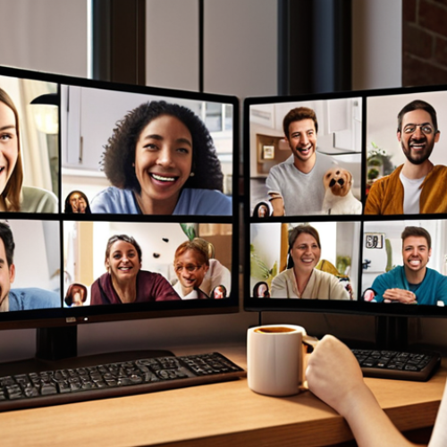 **

A cozy virtual coffee break scene. Several colleagues are displayed in individual video call windows, smiling and engaged in casual conversation. One person is holding up a funny mug, another is showing off a pet. Backgrounds are diverse, suggesting different home environments. The overall feeling is relaxed, friendly, and informal. Focus on warm lighting and inviting expressions.

**
