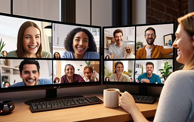 **

A cozy virtual coffee break scene. Several colleagues are displayed in individual video call windows, smiling and engaged in casual conversation. One person is holding up a funny mug, another is showing off a pet. Backgrounds are diverse, suggesting different home environments. The overall feeling is relaxed, friendly, and informal. Focus on warm lighting and inviting expressions.

**