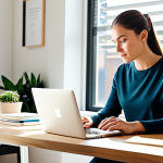 A focused professional, gender-neutral, in a comfortable and modest business casual outfit, sitting at a clean, modern desk in a bright, organized home office. Sunlight streams through a window. The person is looking at a laptop screen with a thoughtful expression, surrounded by minimal, tasteful decor. The atmosphere is calm and conducive to deep work. Fully clothed, appropriate attire, modest clothing, safe for work, professional, perfect anatomy, correct proportions, natural pose, well-formed hands, proper finger count, natural body proportions, professional photography, high quality.