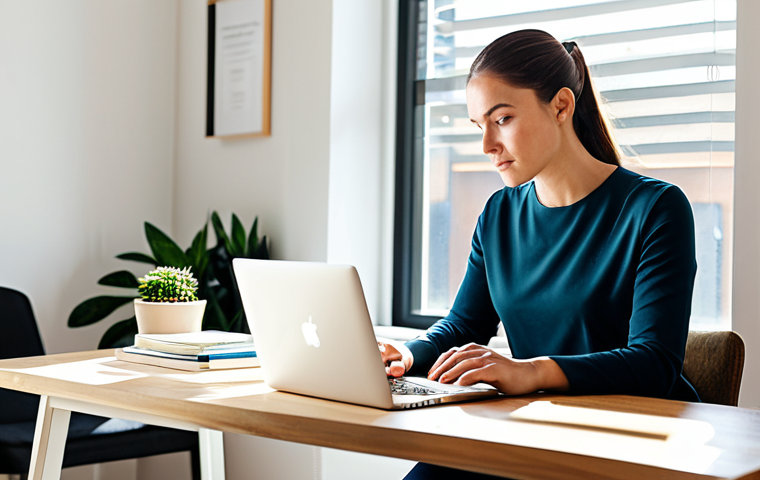 A focused professional, gender-neutral, in a comfortable and modest business casual outfit, sitting at a clean, modern desk in a bright, organized home office. Sunlight streams through a window. The person is looking at a laptop screen with a thoughtful expression, surrounded by minimal, tasteful decor. The atmosphere is calm and conducive to deep work. Fully clothed, appropriate attire, modest clothing, safe for work, professional, perfect anatomy, correct proportions, natural pose, well-formed hands, proper finger count, natural body proportions, professional photography, high quality.